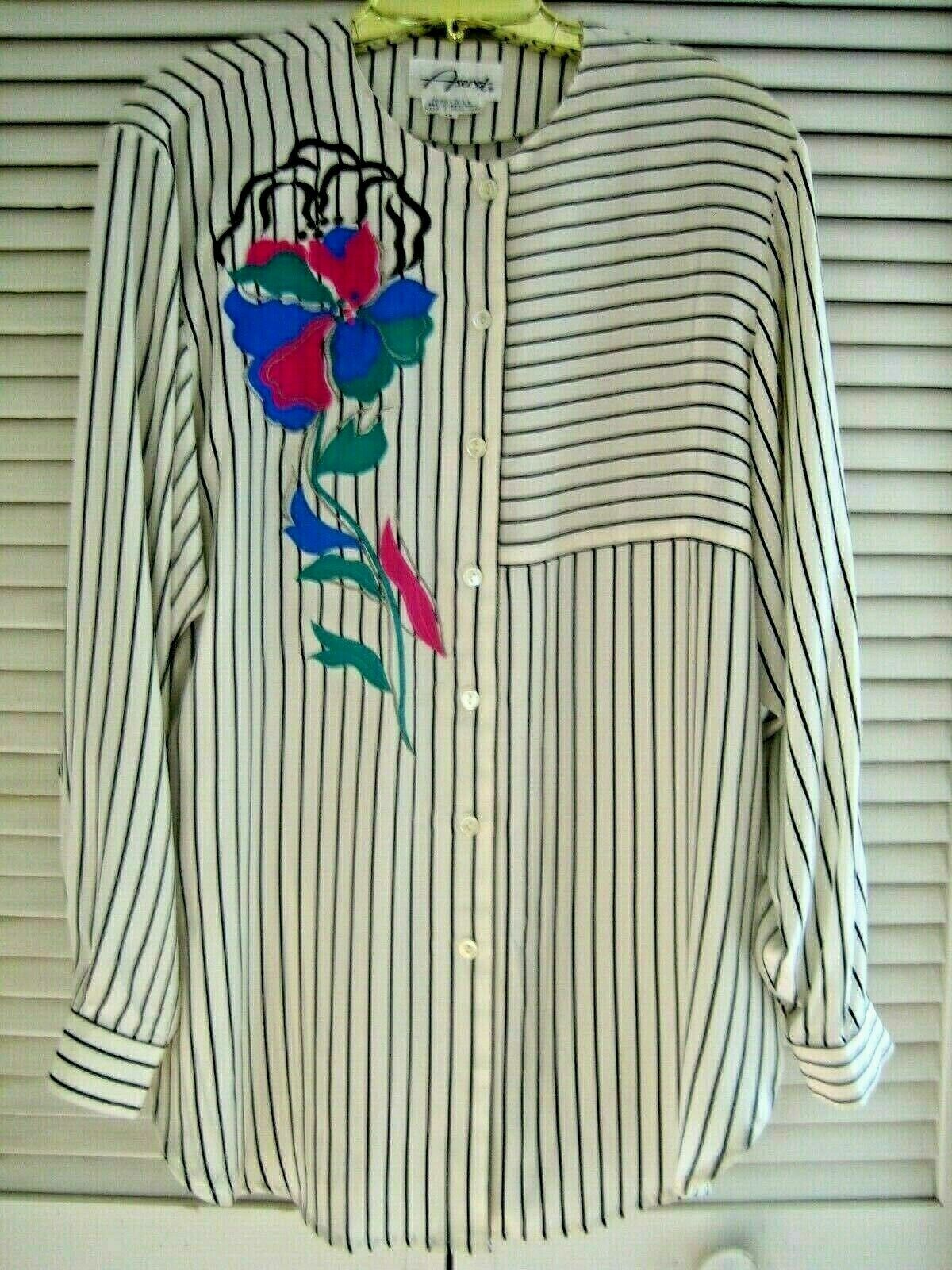 VINTAGE ASERET BLOUSE TUNIC LONG SLEEVE SILK WHITE BLACK STRIPES EMBROIDERED 1