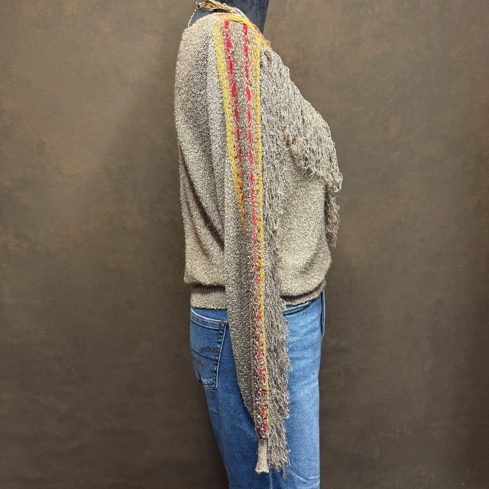 Vintage French Rags Hand Loomed Sweater Fringe Boho Western Style Rayon Size 2