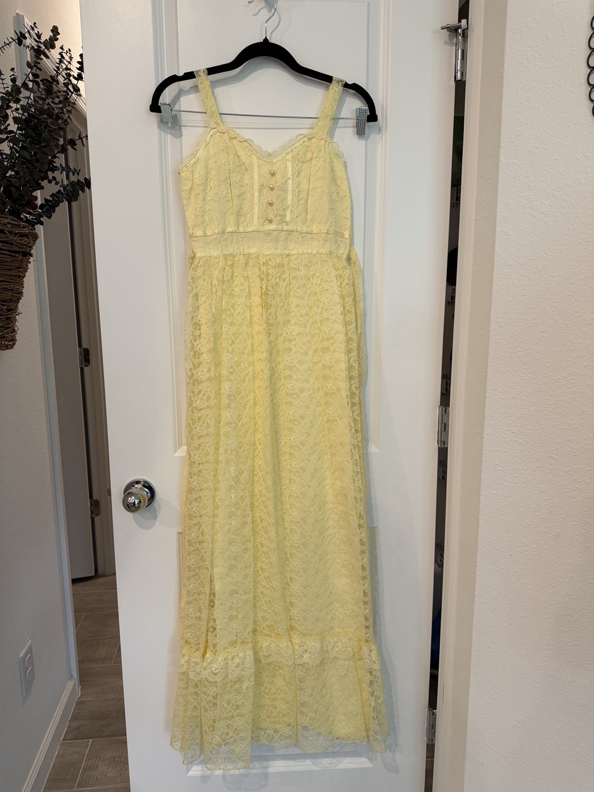 Women’s Vtg Yellow Maxi Dress Lace 2 Piece Set Size XS 70’s Prairie Croquette