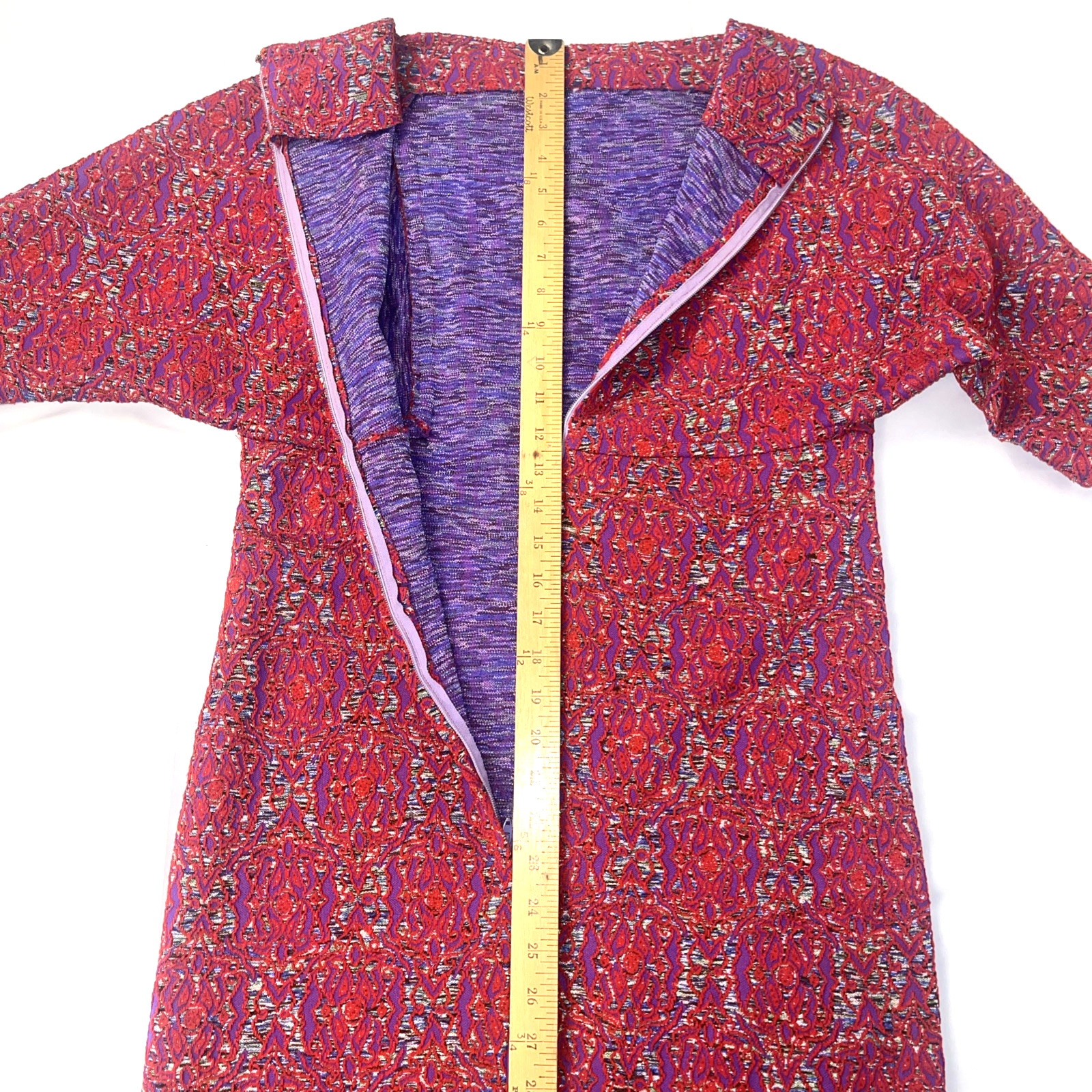 VTG 1960s Mod Dress Handmade Red Purple Abstract Retro Short Sleeve Midi Length