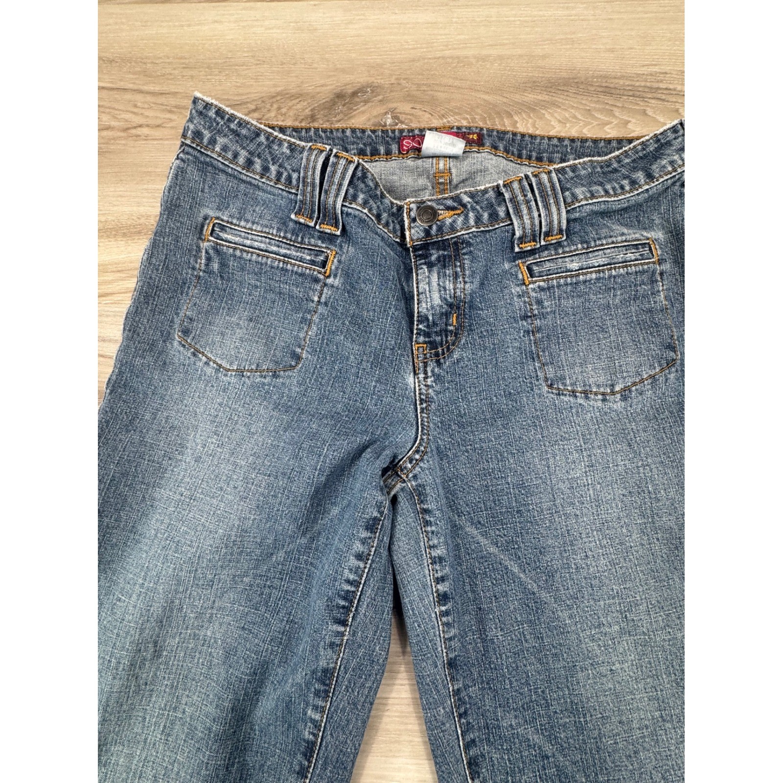 2000s Y2K SO Flare Jeans Low Rise Embroidered Pockets Size 11 pants are hemmed