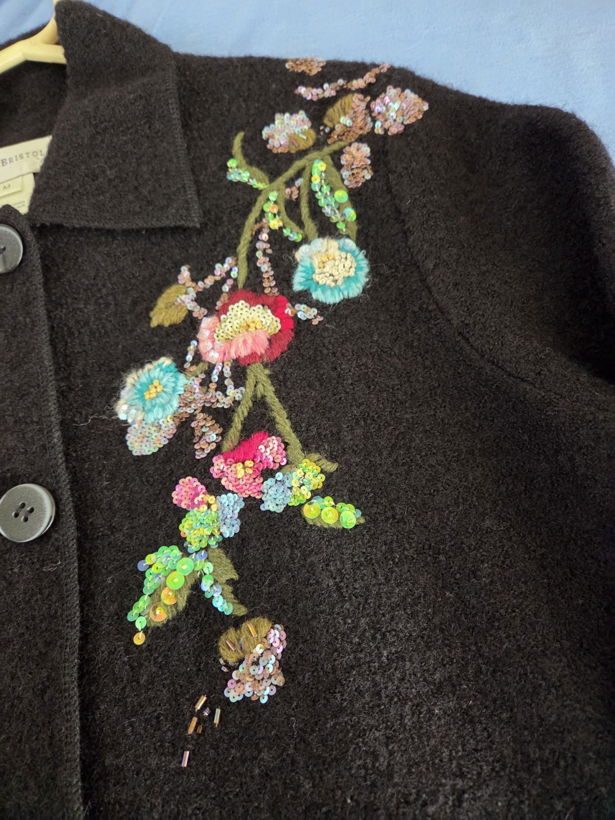 Susan Bristol – Wool Cardigan – Black w/ Embroidered Flowers/beads – Size M