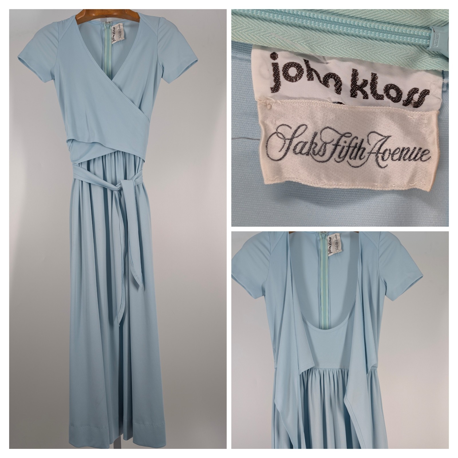 John Kloss Vintage 70s Saks Fifth Ave Sky Blue Wrap Dress USA Bodycon Boho Mod