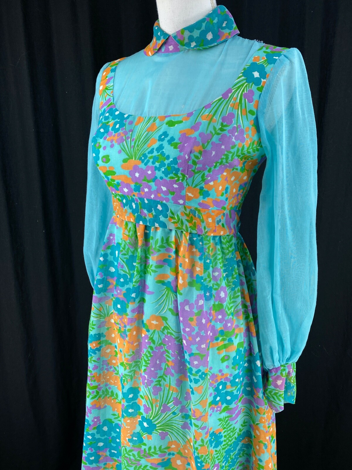 Vtg 60s MOD Maxi Dress XS/S Chiffon Flower Power Psychedelic Hippie Gown Floral