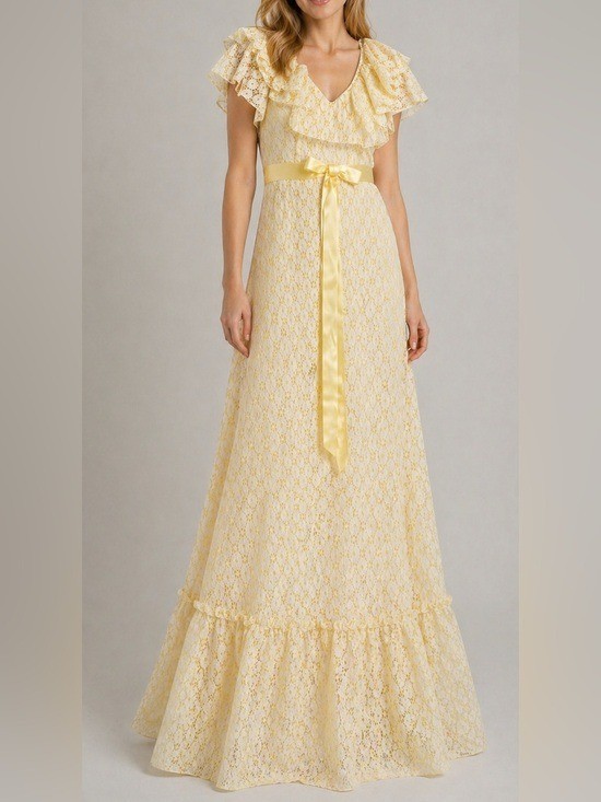 Vintage 1970s Yellow Spring Ruffle Lace Maxi Gown Dress Party Prom 7 8 Small
