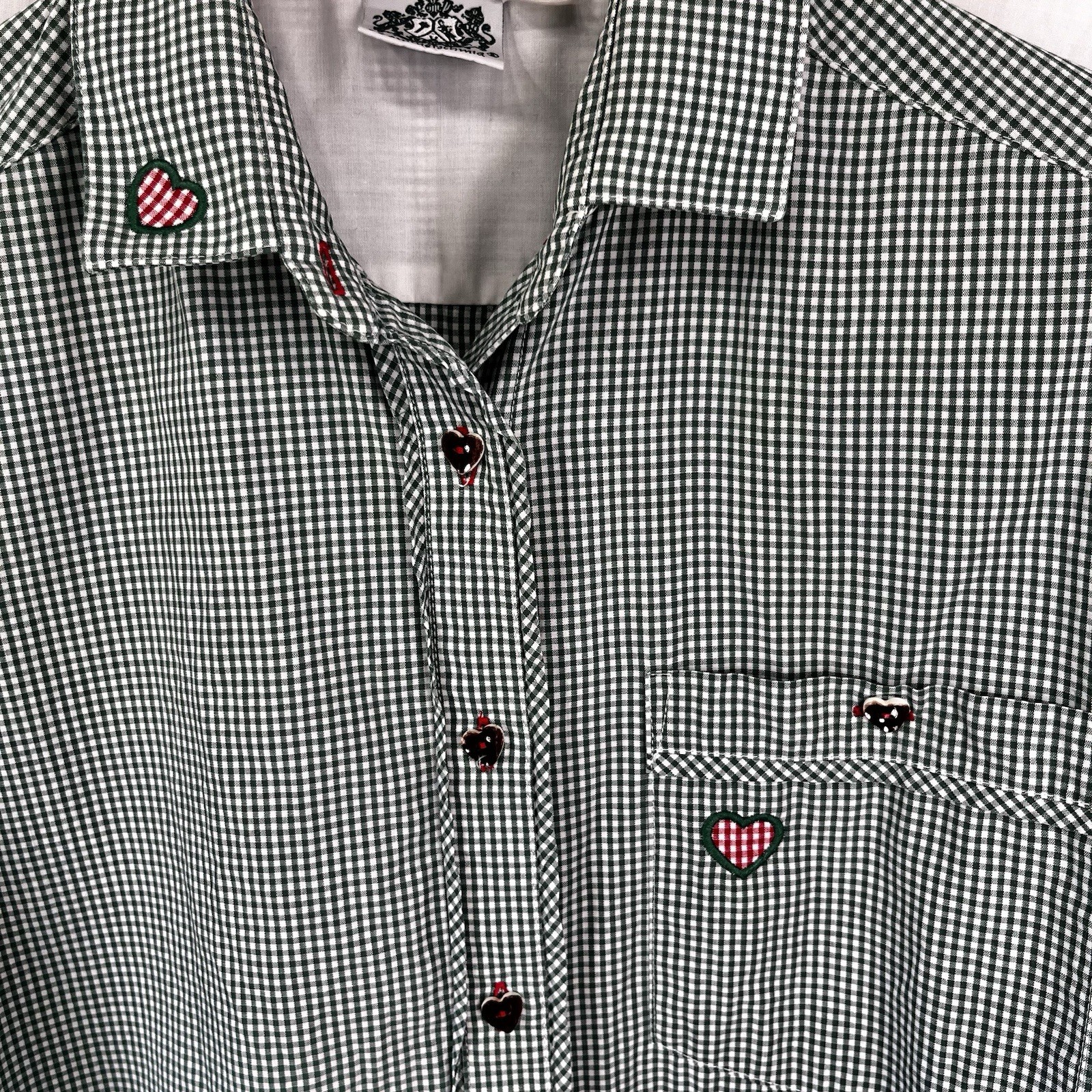 Hammerschmid Vintage Gingham Shirt Women Medium German Cotton Blouse Hearts Cute