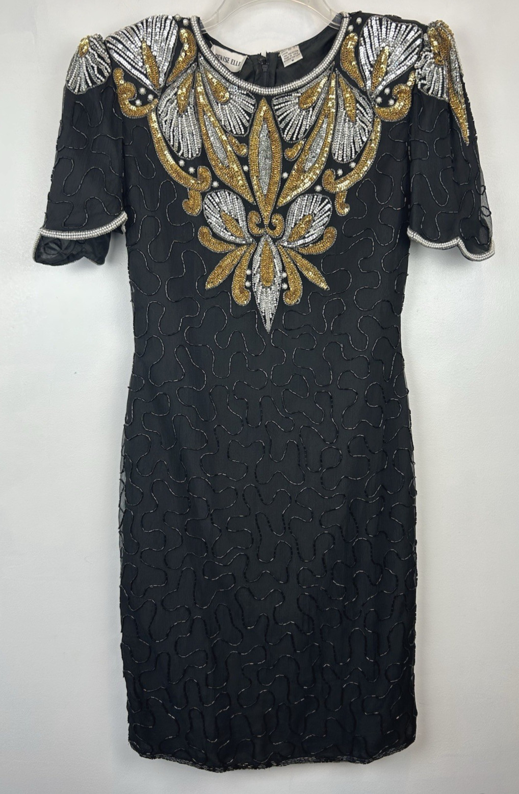 Vintage Sequin Dress Medium 100% Silk Black 80’s Beaded Evening Cocktail Party