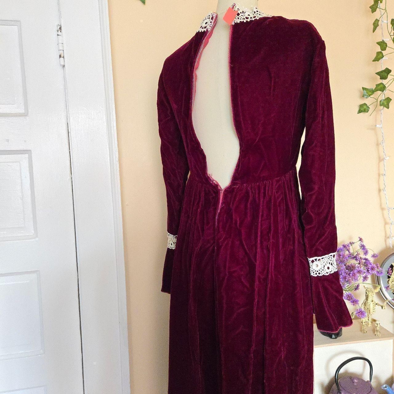 1970s victorian revival burgundy velvet maxi dress with lace applique