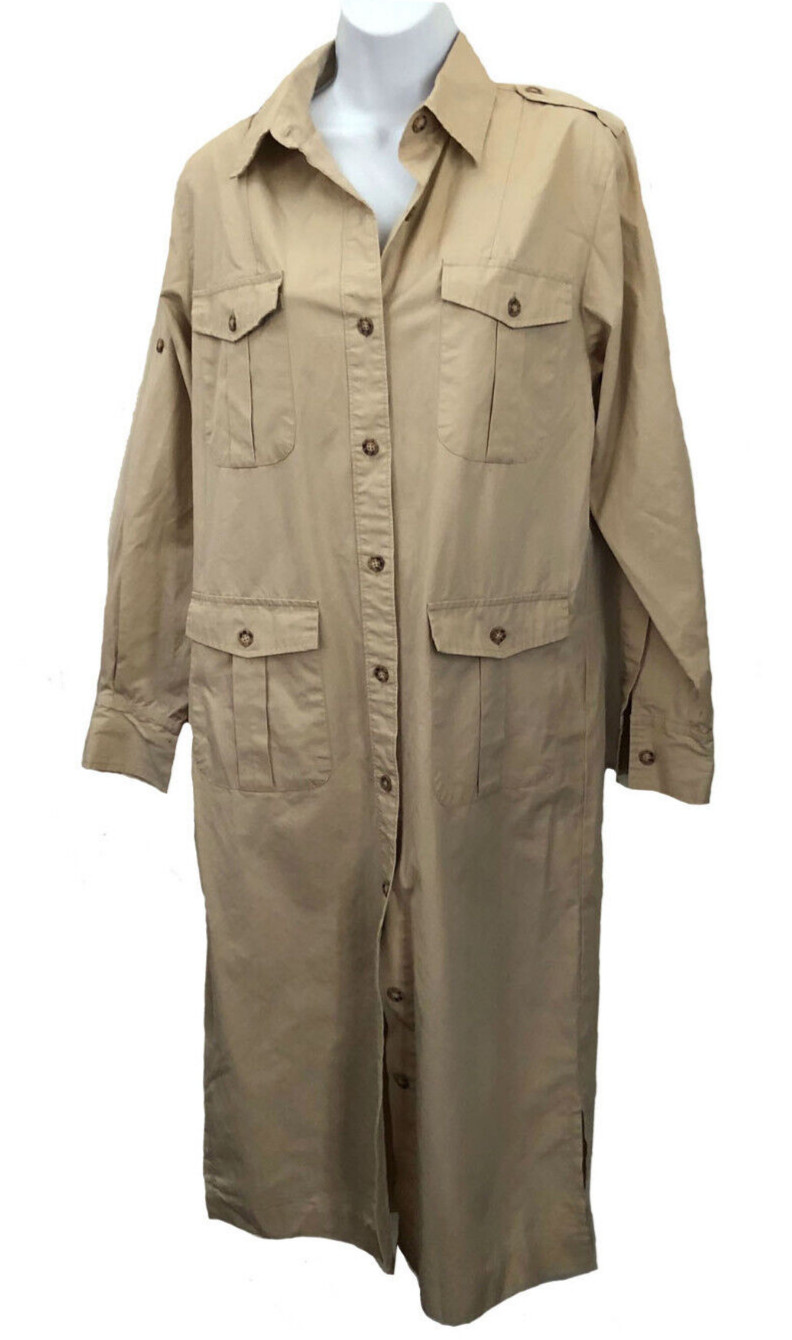 Rare Orig Banana Republic 1970s 100% Cotton Epaulettes Khaki Safari Dress sz 12