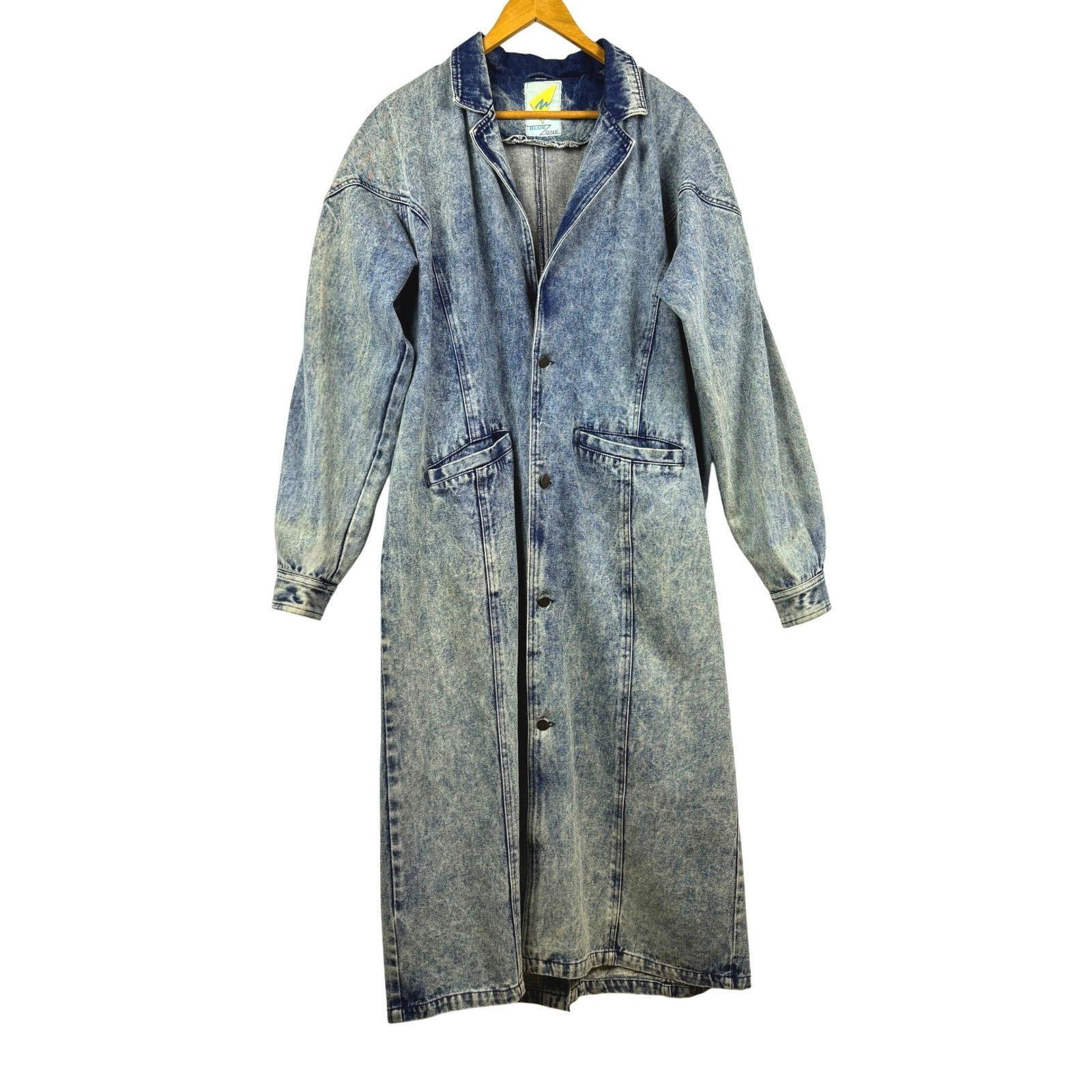 VTG Blue Zone Acid Wash Denim Duster Coat XL 80s Moto Edgy Boho Retro Streetwear