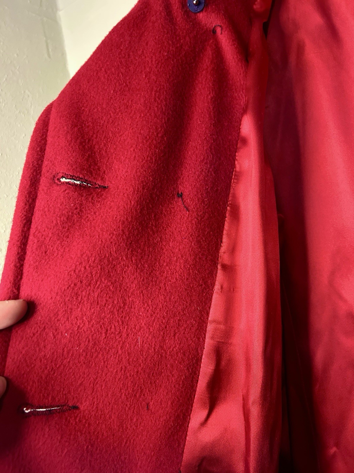 Vintage 1940s Central Park Forstmann Fabrics Wool Navy Dark Red Coat Tie Neck