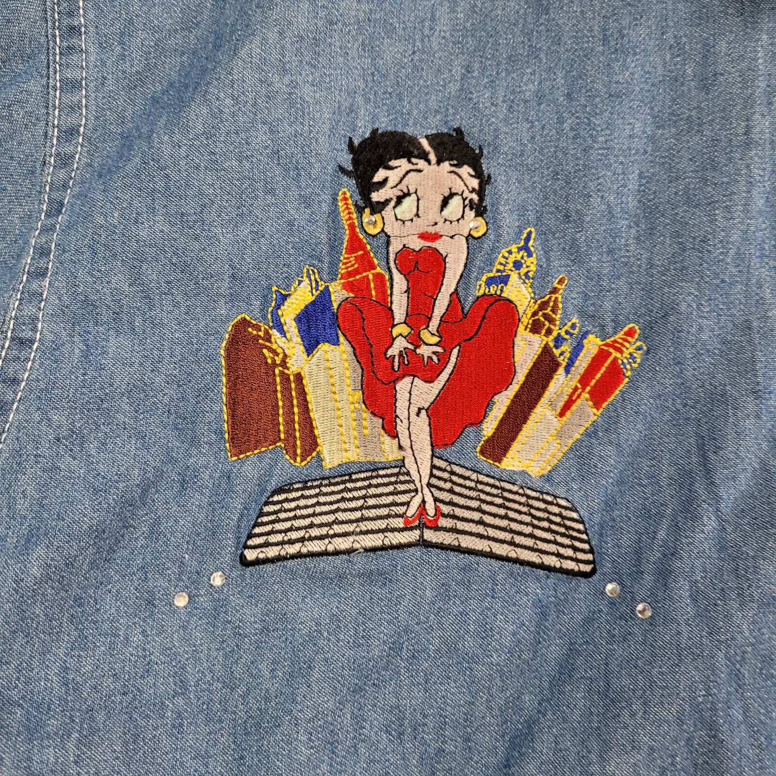 Vintage 90s Infinity Fashions Women Shirt Medium Denim Betty Boop Embroidered M