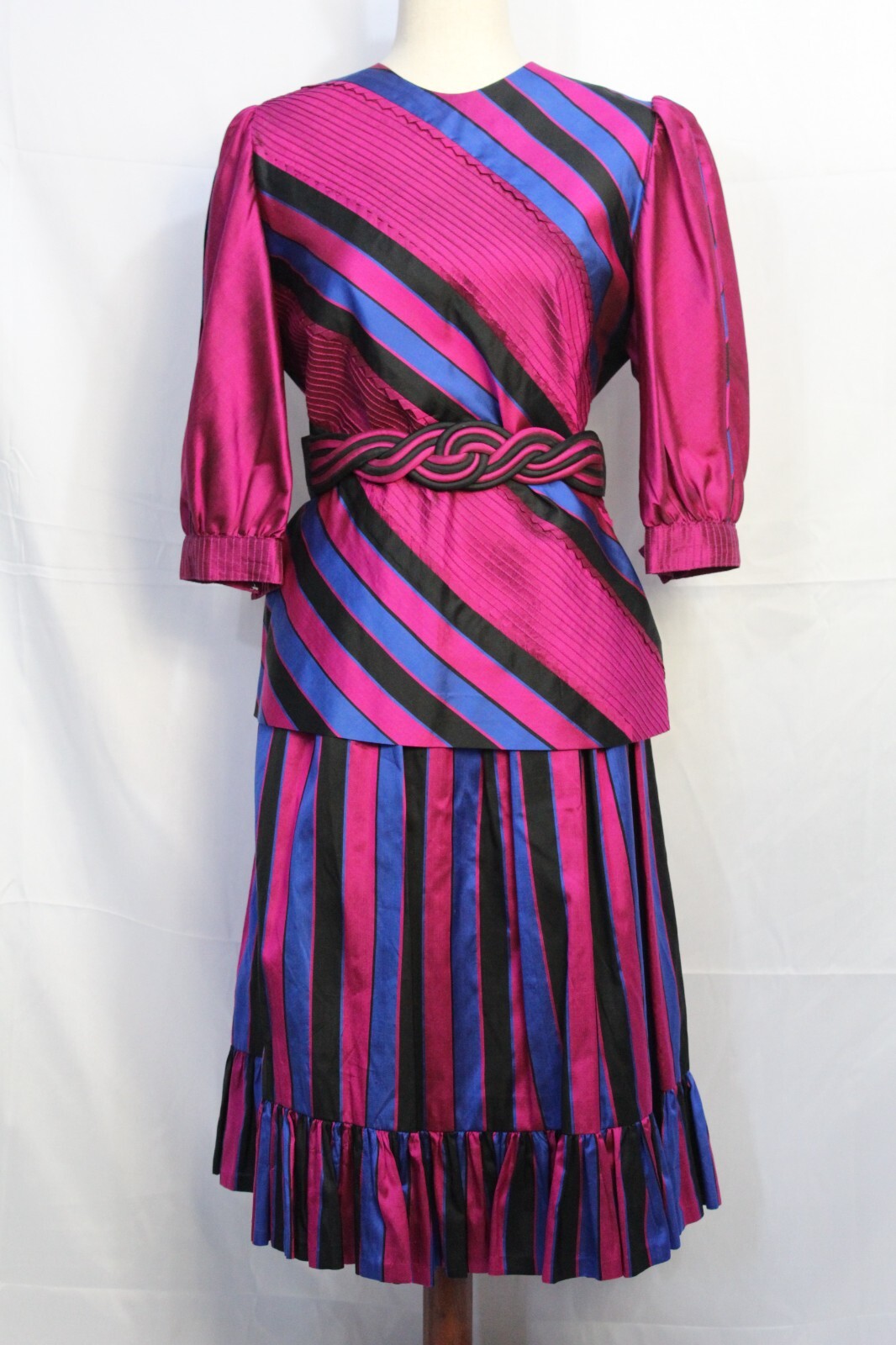 Vintage 1980s 100% Pure Thai Silk 3 Pc Suit Set Handmade Fuchsia Striped Belt