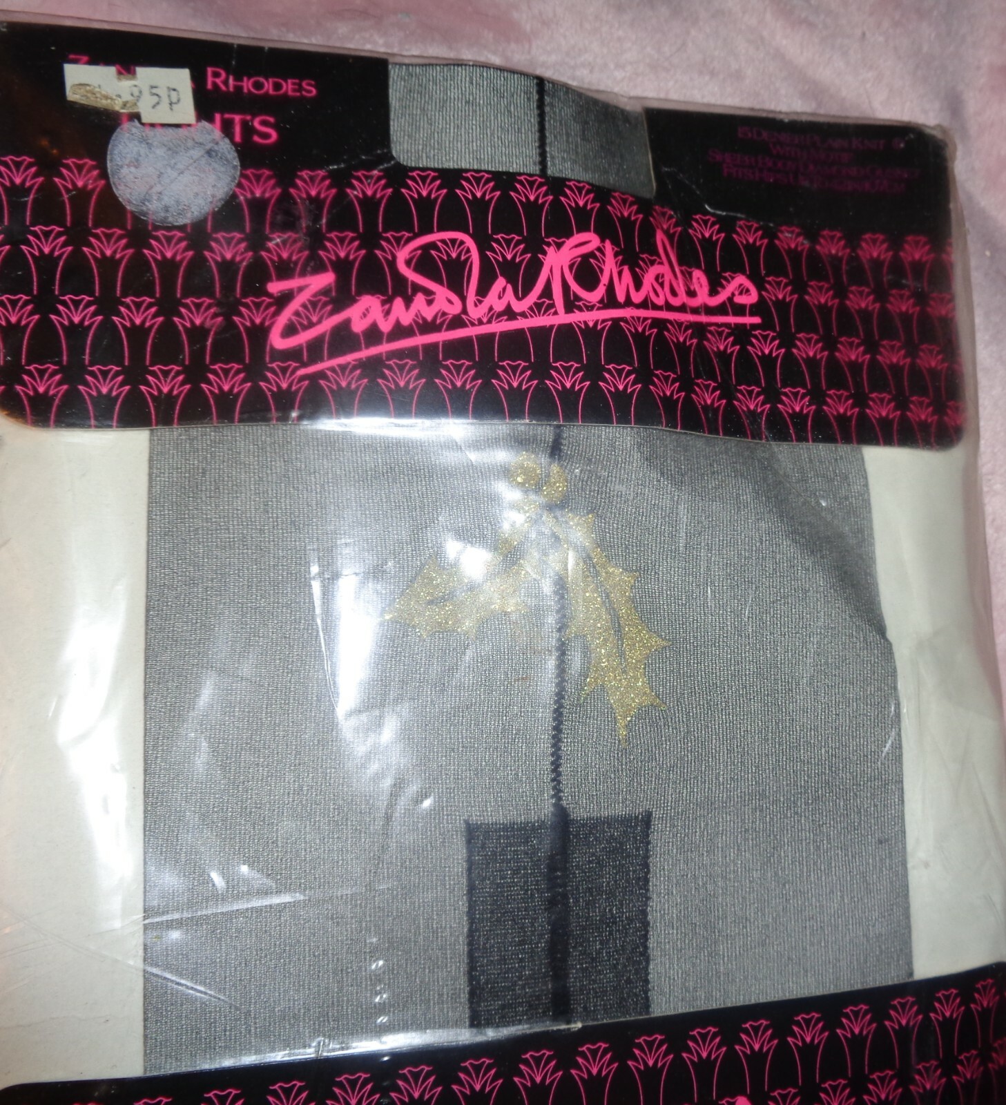 Women’s Vintage Zandra Rhodes Sheer Black Pantyhose / Gold Flower Holly Design