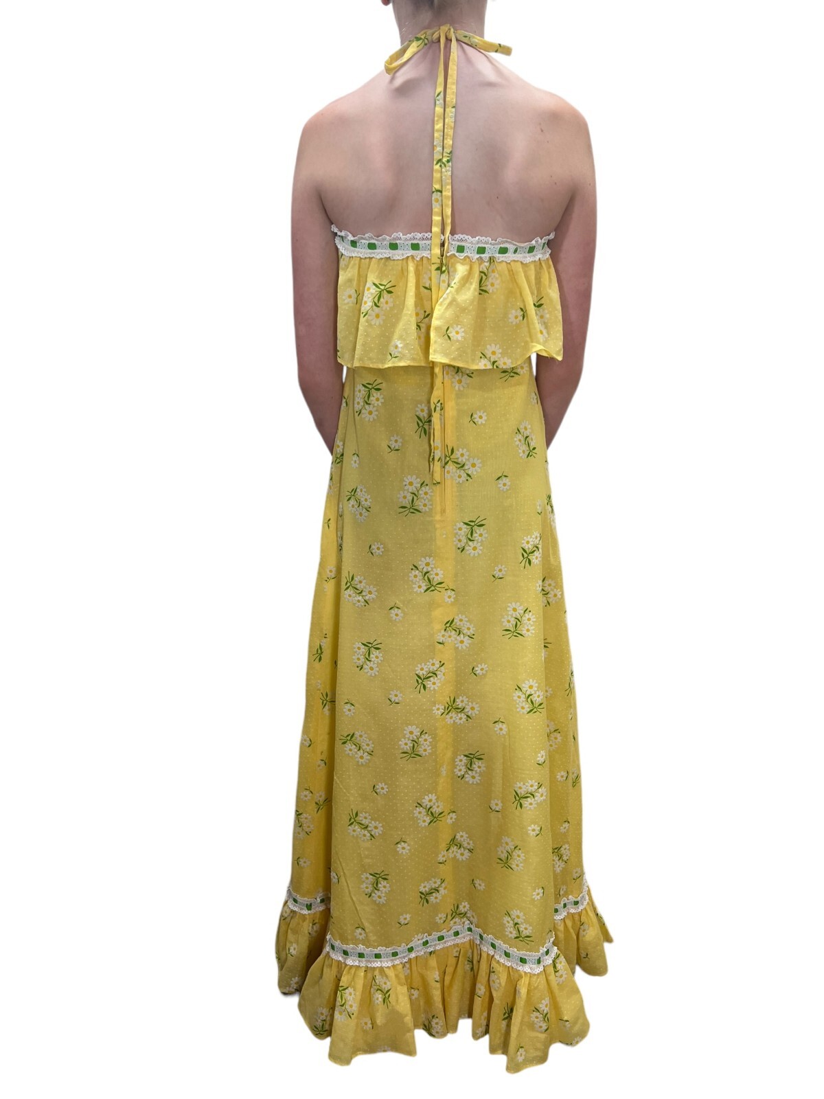 Sz XS Vtg 60s 70s Halter Maxi Dress Yellow Daisy Swiss Dot Festival Hippie Boho