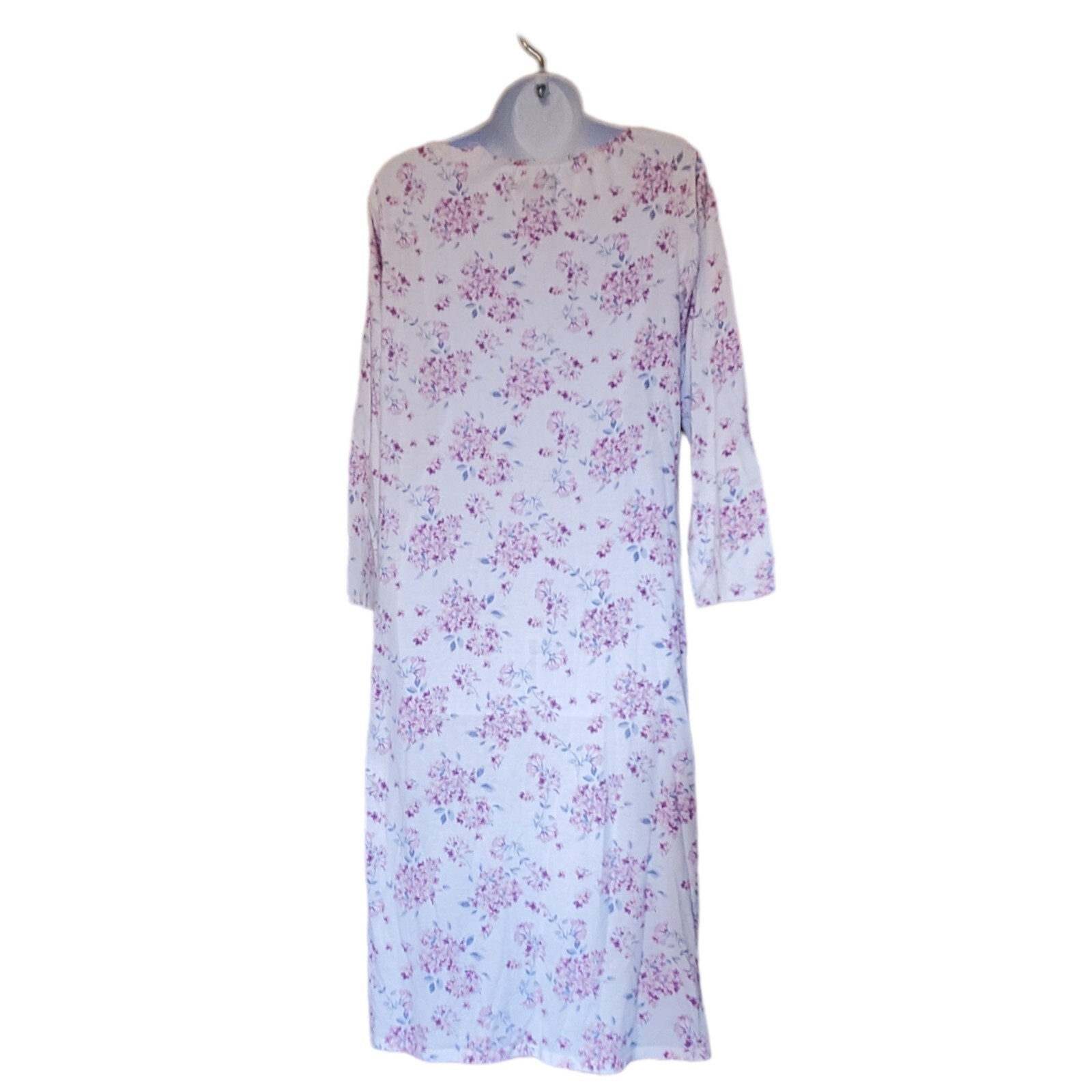 VTG Earth Angel Women’s S Nightgown Full Length White Purple Blue Floral Snaps