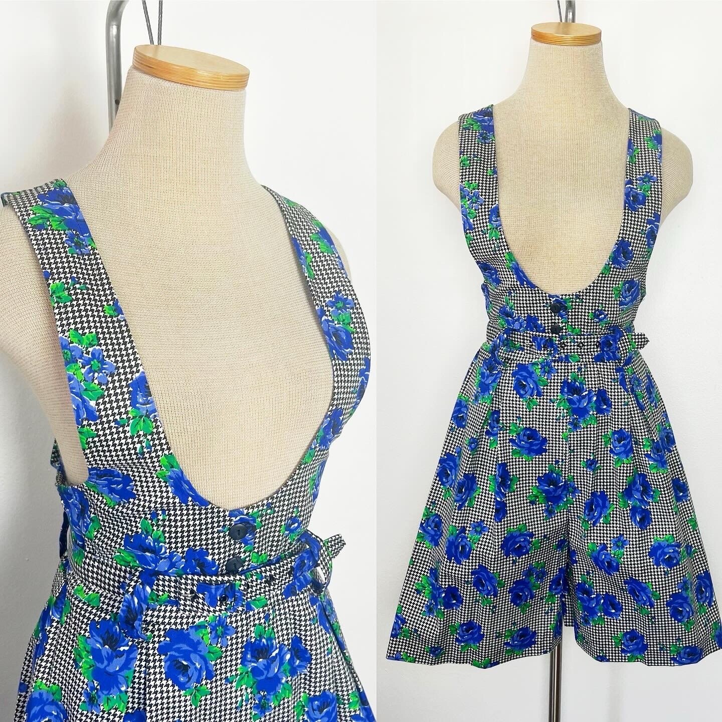 DEADSTOCK 80s 90s Vintage Rose Houndstooth Romper Shortalls Playsuit Play Suit M