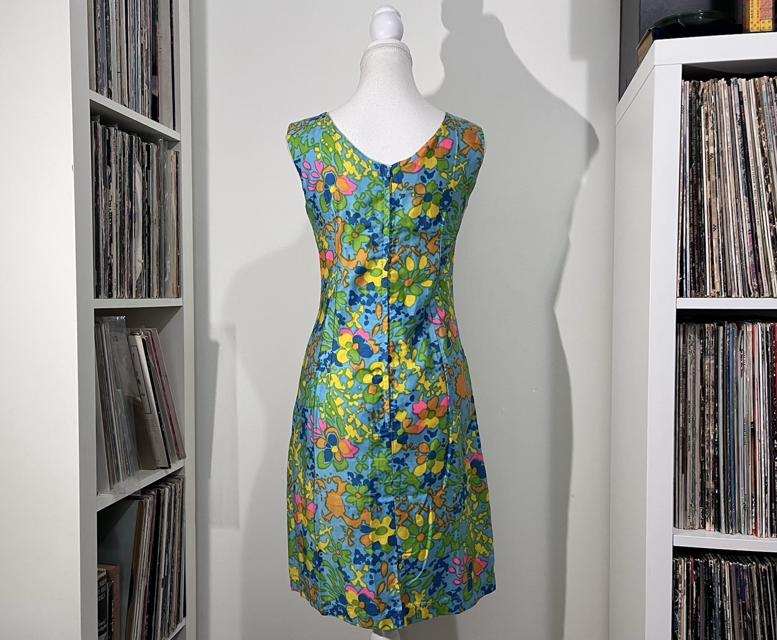Vintage 70s Sears Floral Shift Dress Blue Mod Psychedelic Hippie Mini Women’s S