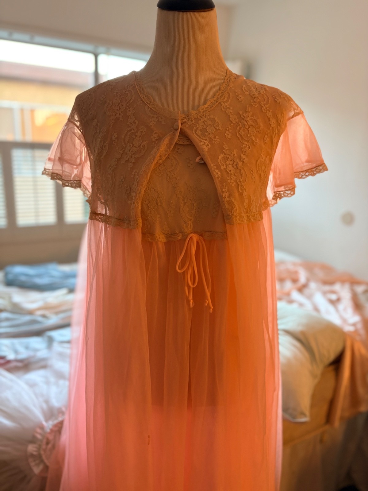 VTG 60s Aristocraft Pink Peignoir Set Sheer Chiffon Lace Nightgown Robe Small