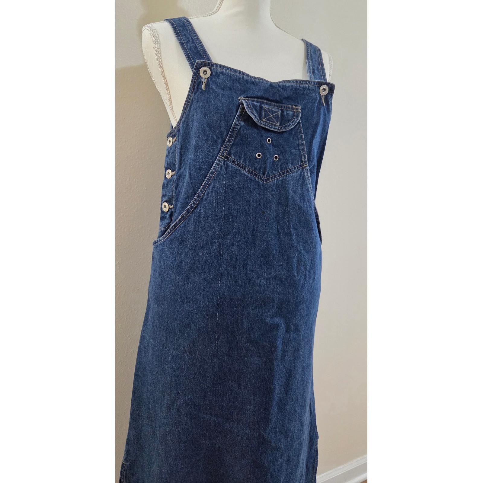 Sunshine Apparel Vintage Denim Overall Maxi Dress Dark Wash Grommet Detail Small