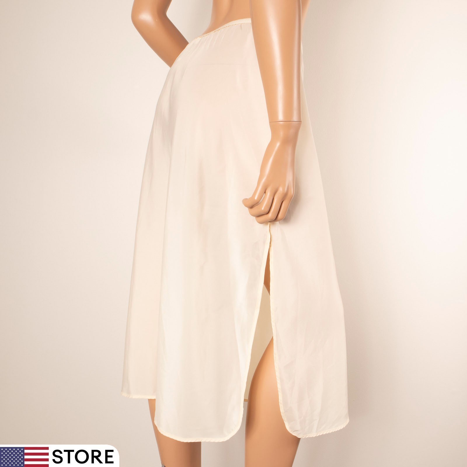 Vintage LADY LYNNE Half Slip Midi Skirt Ivory Double-Slit LARGE Lingerie USA `