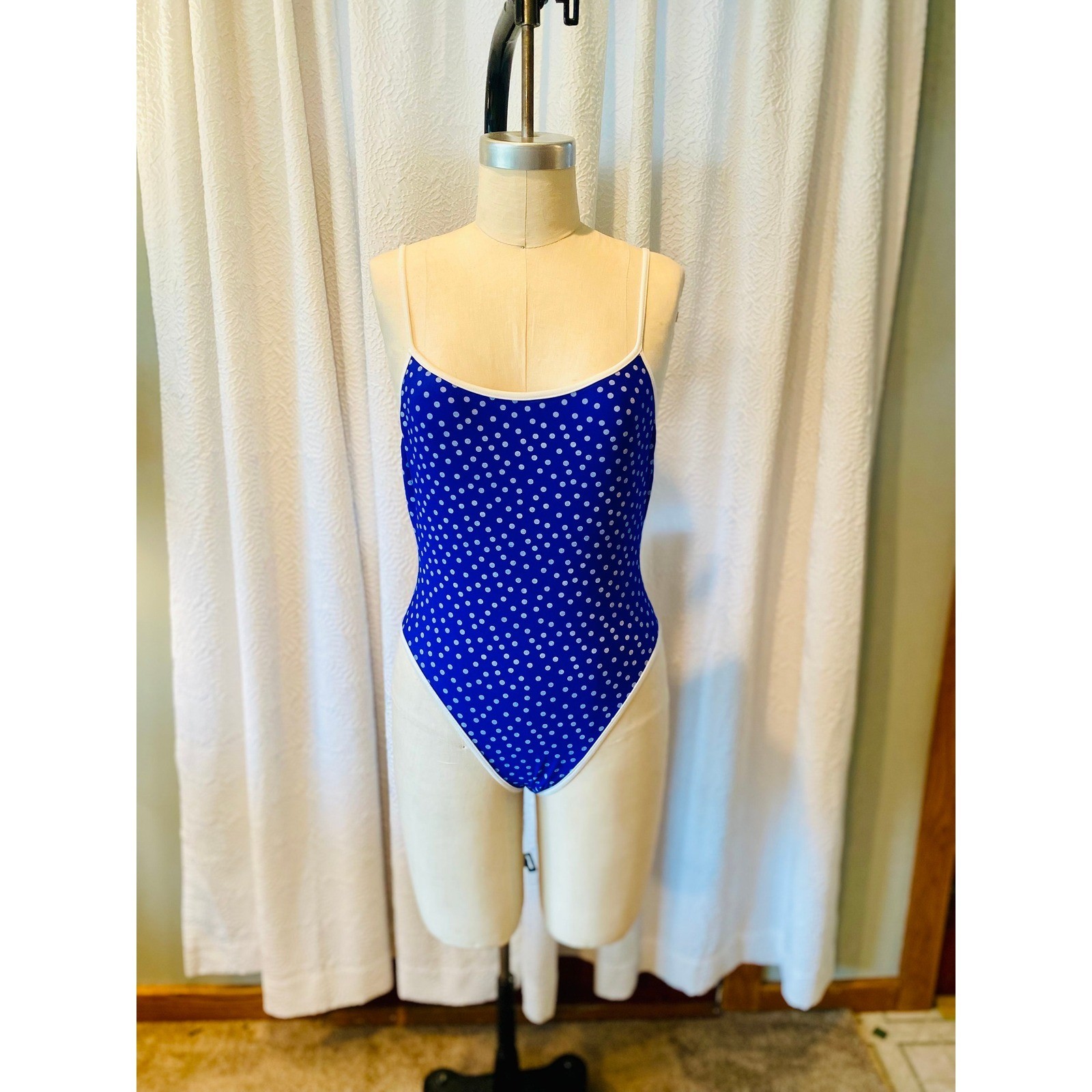 Vintage Polka Dot One Piece Swimsuit, Royal Blue, Size 7/8