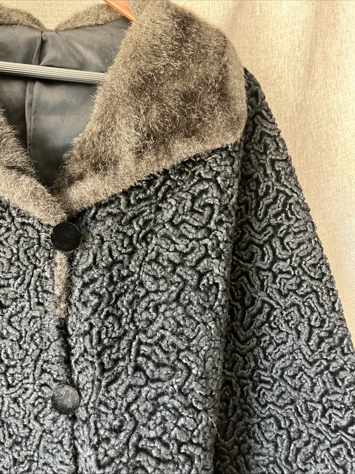 Vintage Black Faux Persian Lamb Jacket Brown Shawl Collar Women’s M/L