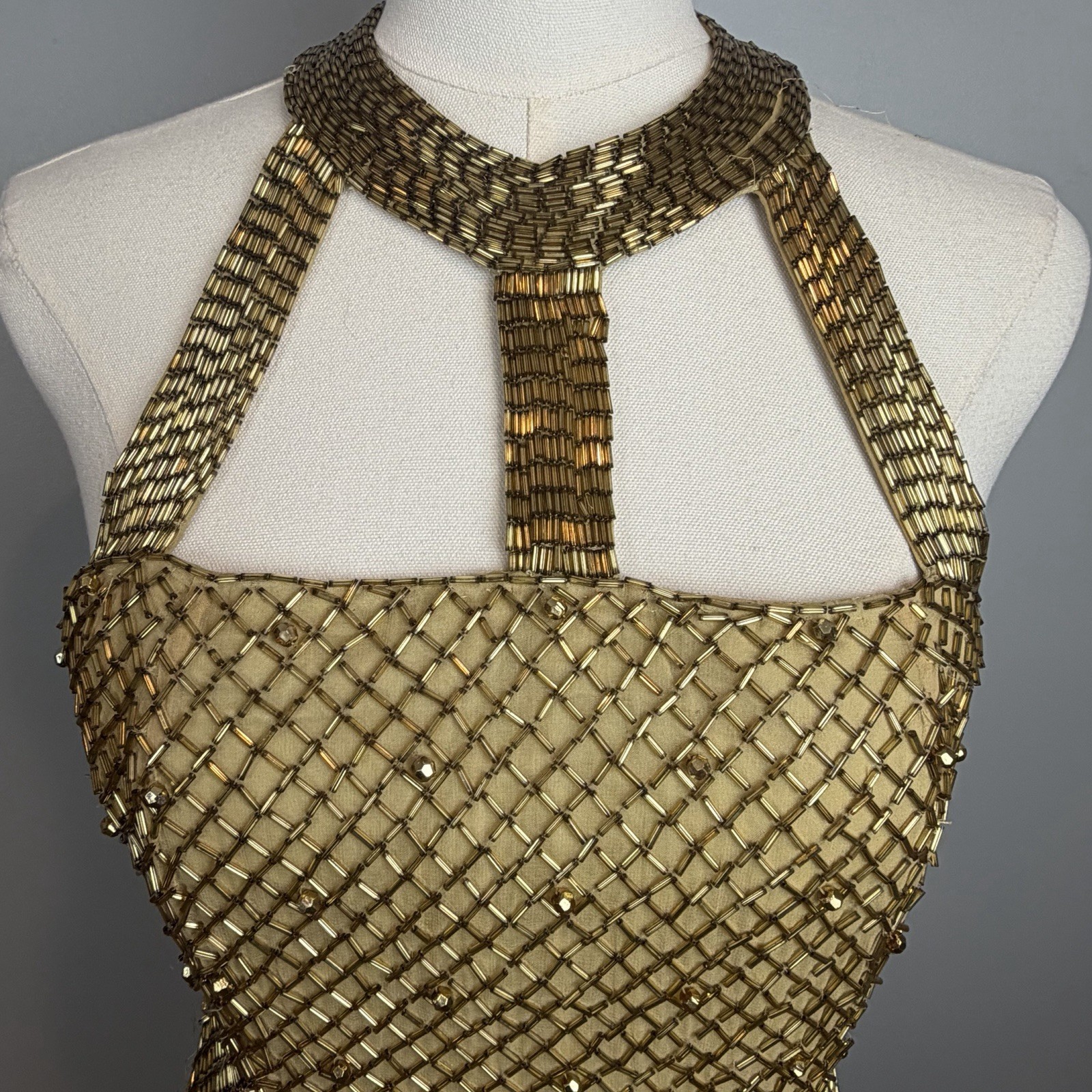 Gold Beaded Dress Womens Size 6 Vintage by Black Tie Oleg Cassini Needs Repairs