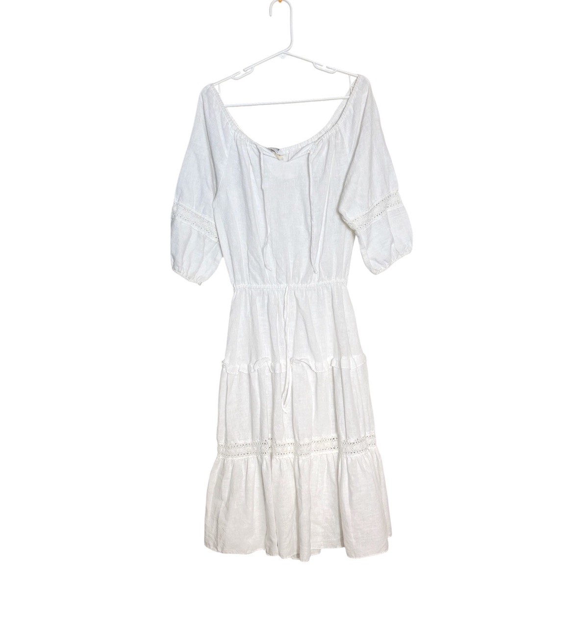 Vintage 70s White Prairie Peasant Midi Dress Romantic Boho Cottage Flowy M/L