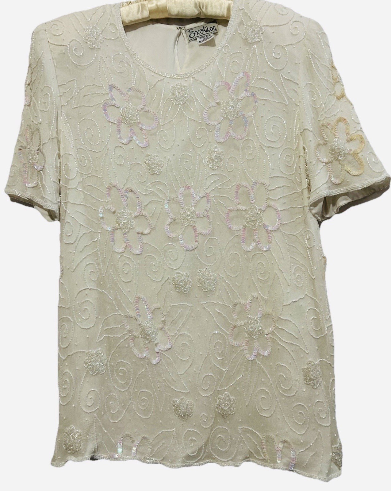 Vtg Silk Exotica Top Ivory Iridescent Beaded Sequins Mob Wife Cruise Blouse XL