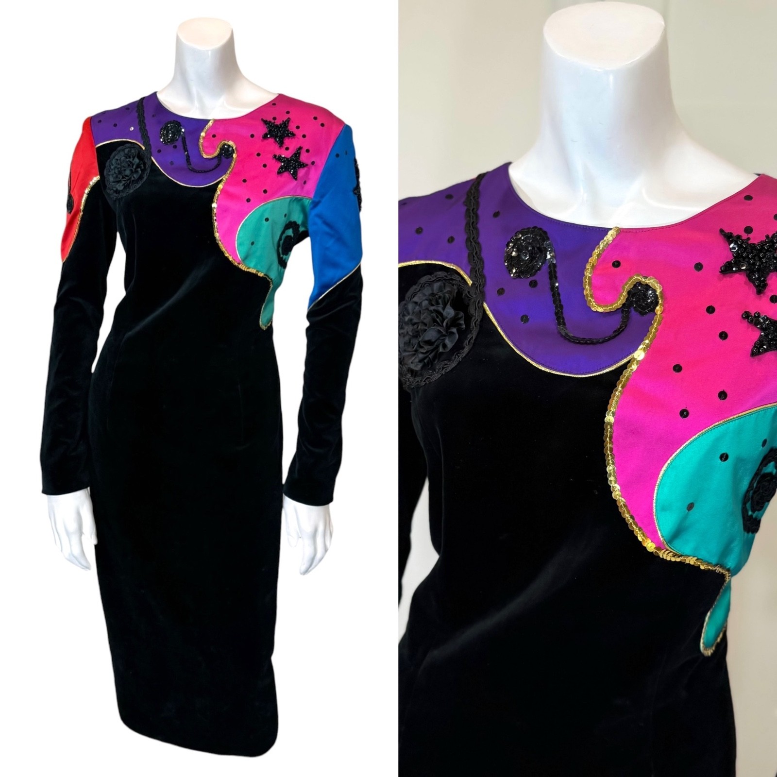 Vintage 80’s LOUIS FERAUD VELVET PARTY DRESS 6 M Beaded Sequin Satin Cocktail