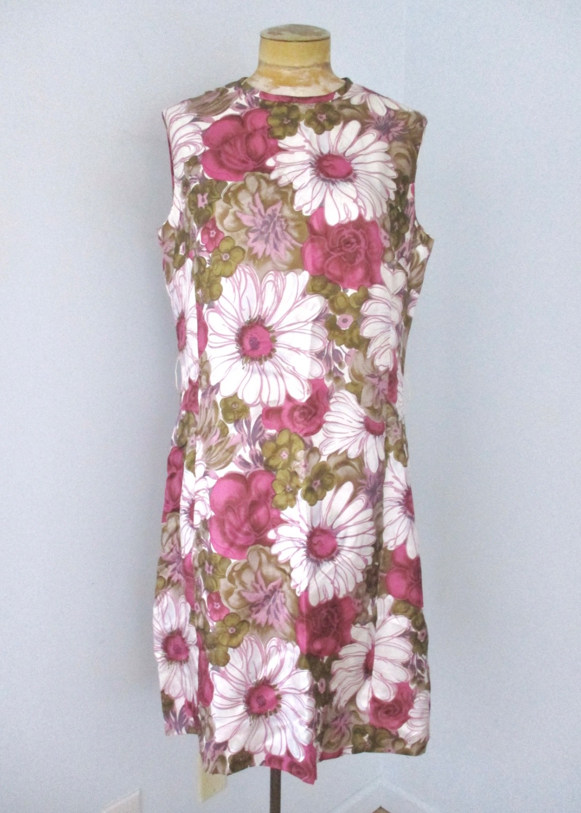 Vtg 50s 60s McMullen pink green big floral silky shift dress pockets lined 16