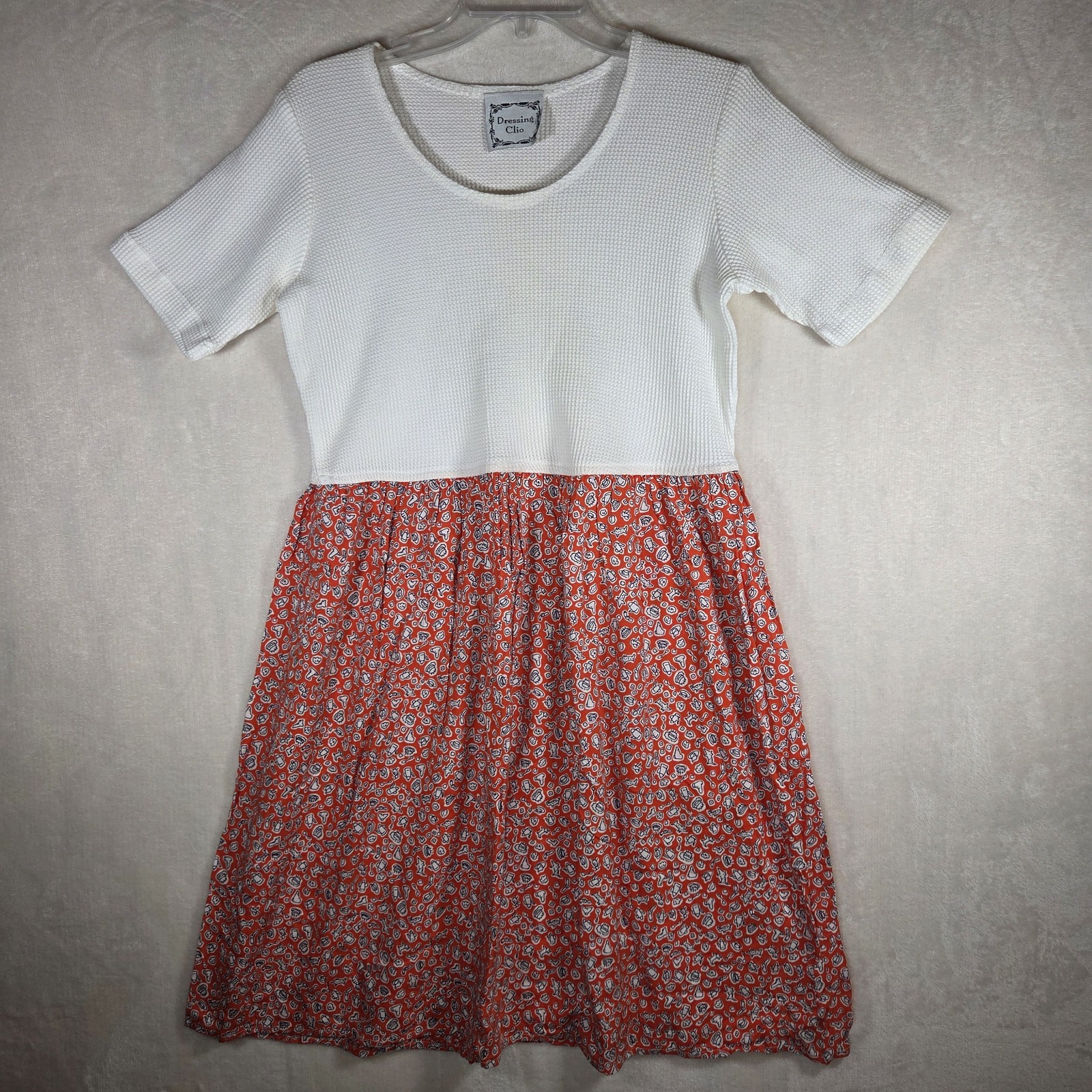 Vintage 90s DRESSING CLIO Dress Made in USA Size M Fun Orange Doodle Print