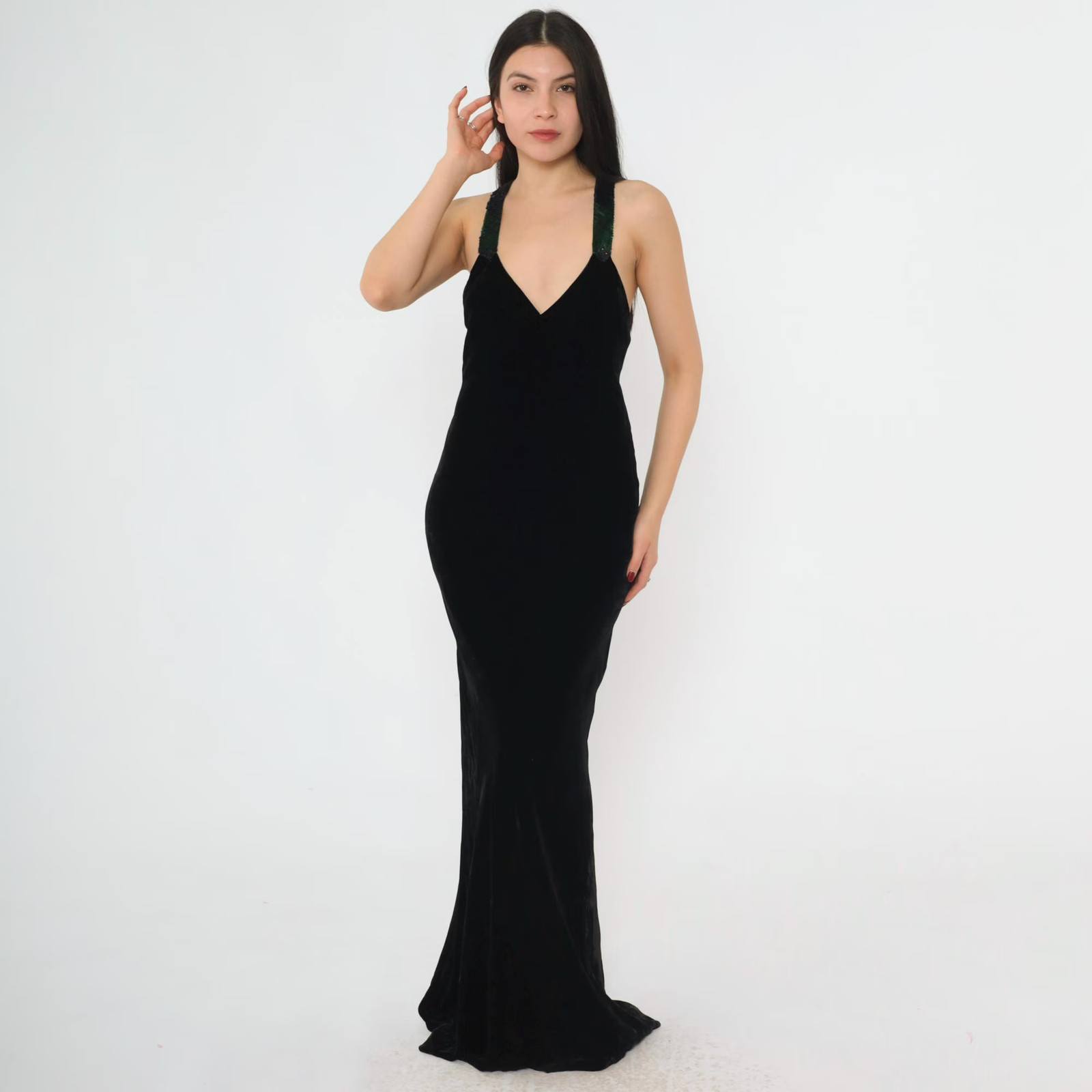 Vintage Ralph Lauren Collection Gown 90s Black Velvet Evening Dress Sequin Strap
