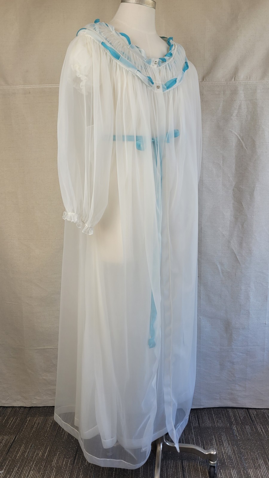 1960s exquisite sheer long white peignoir set with shirring & turquoise accents