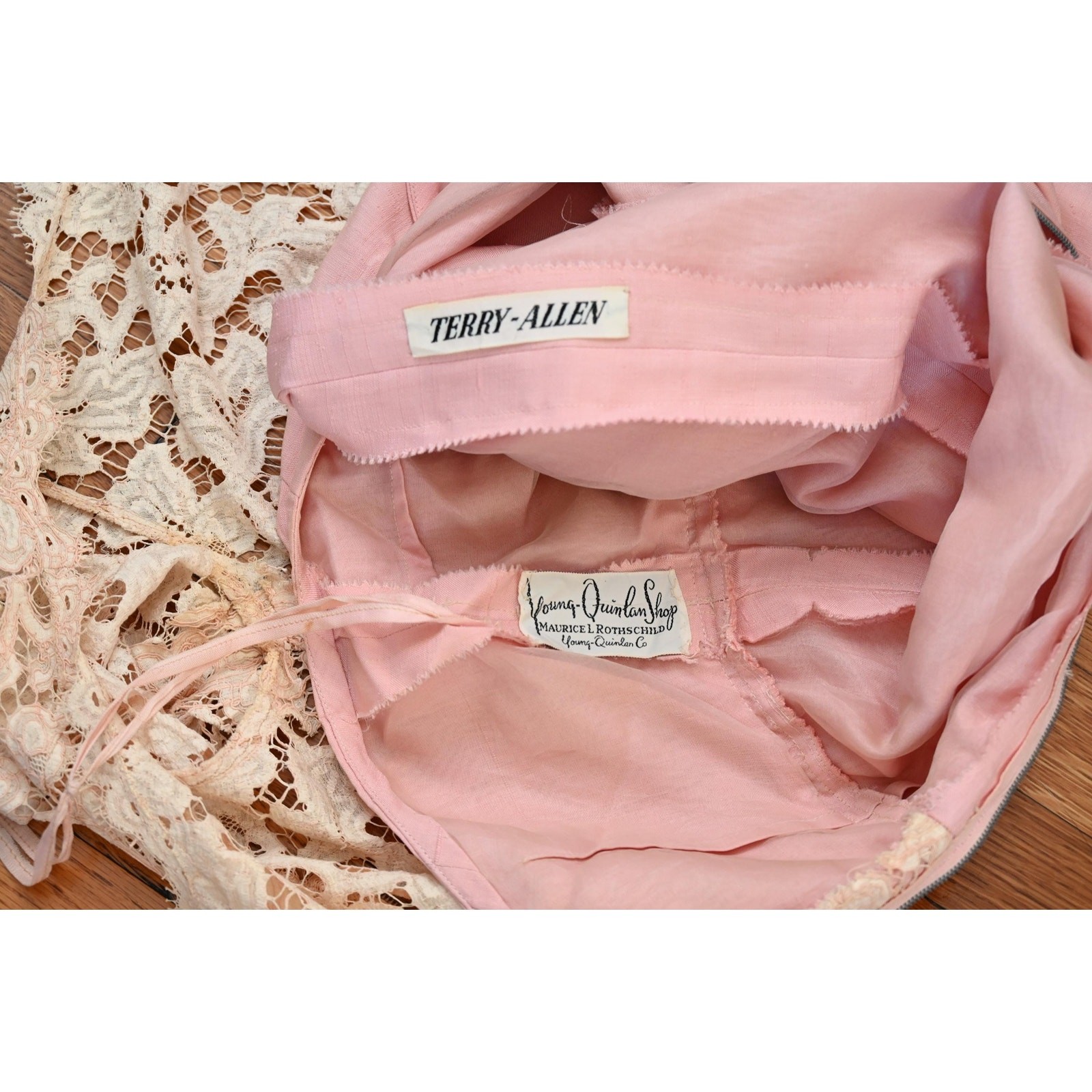vintage 1950s dress | Terry Allen Pastel Pink Lace cocktail Dress | Medium