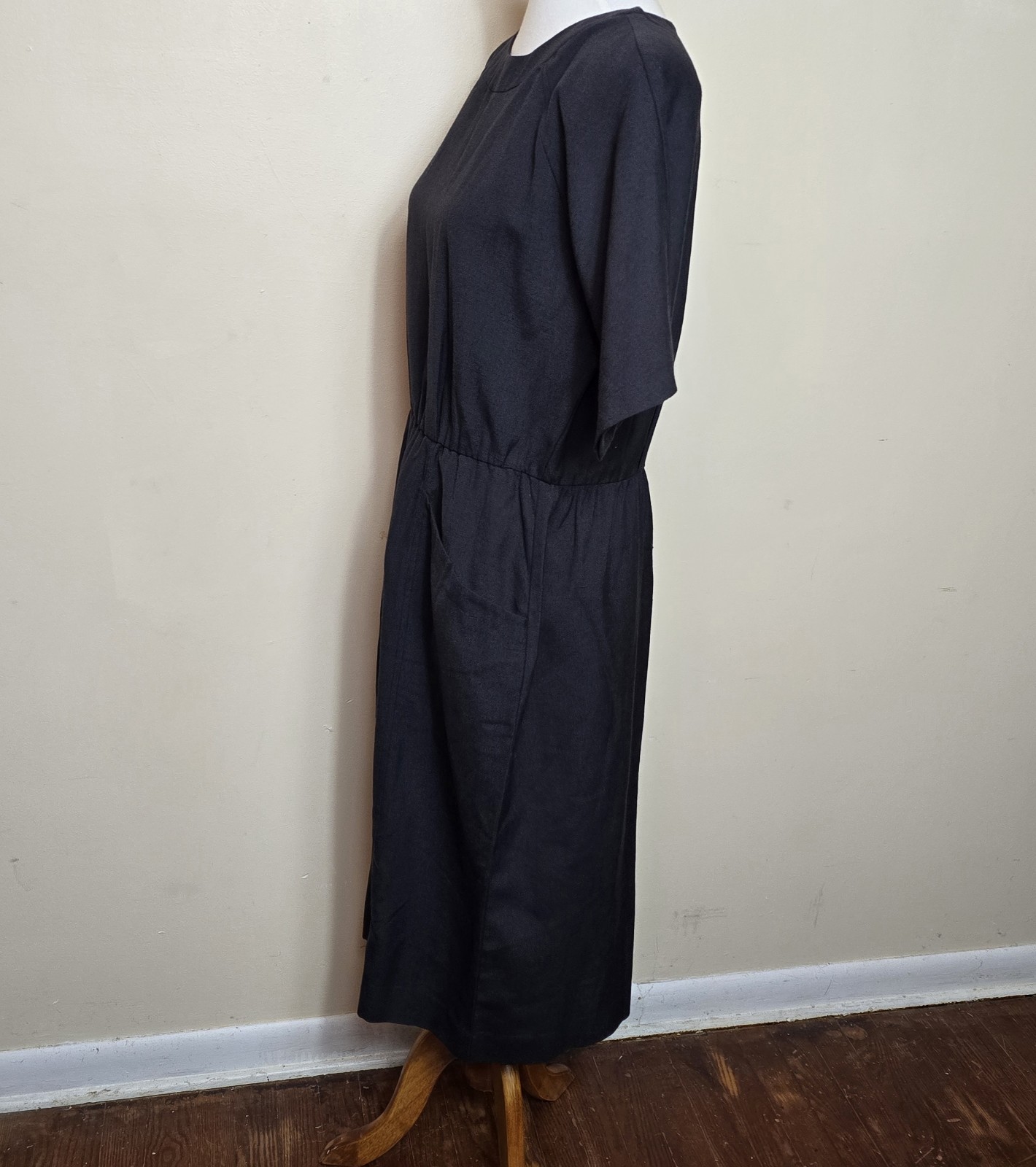 Vtg. Willi Of California Black Dress 16 Pockets Gathered Waist 80’s Corporate