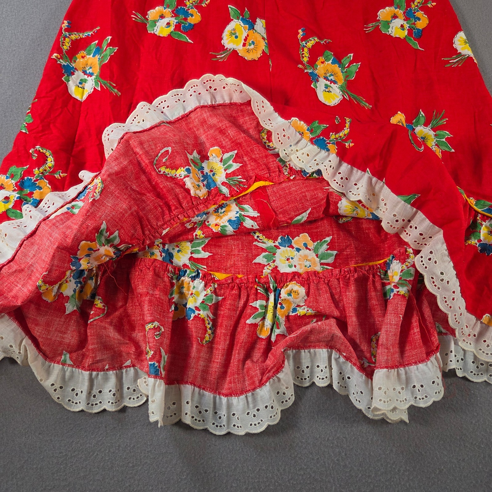 Vintage Floral Skirt Womens 28″ Red Maxi Flare Lace Trim A Line Dance 80s