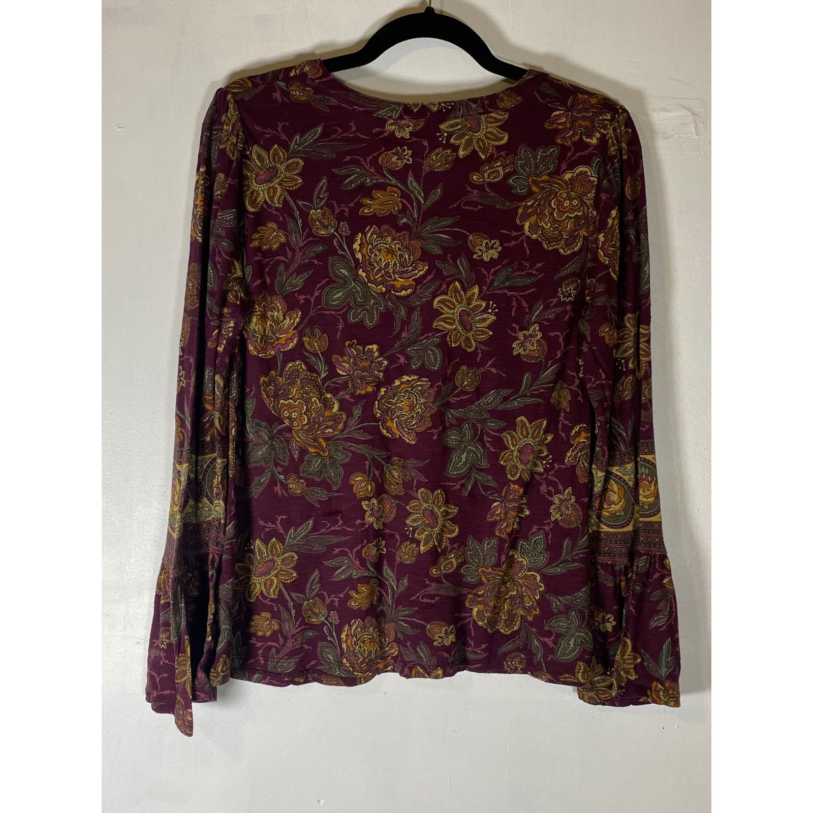 Lucky Brand Small Boho Floral Bell Sleeve V Neck Peasant Blouse Top Burgundy