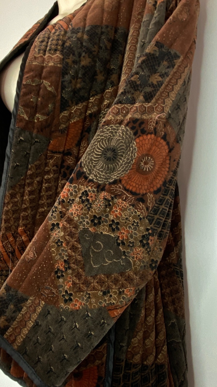 Vintage 1970s brown velveteen jacket open floral patterned cotton patchwork rust