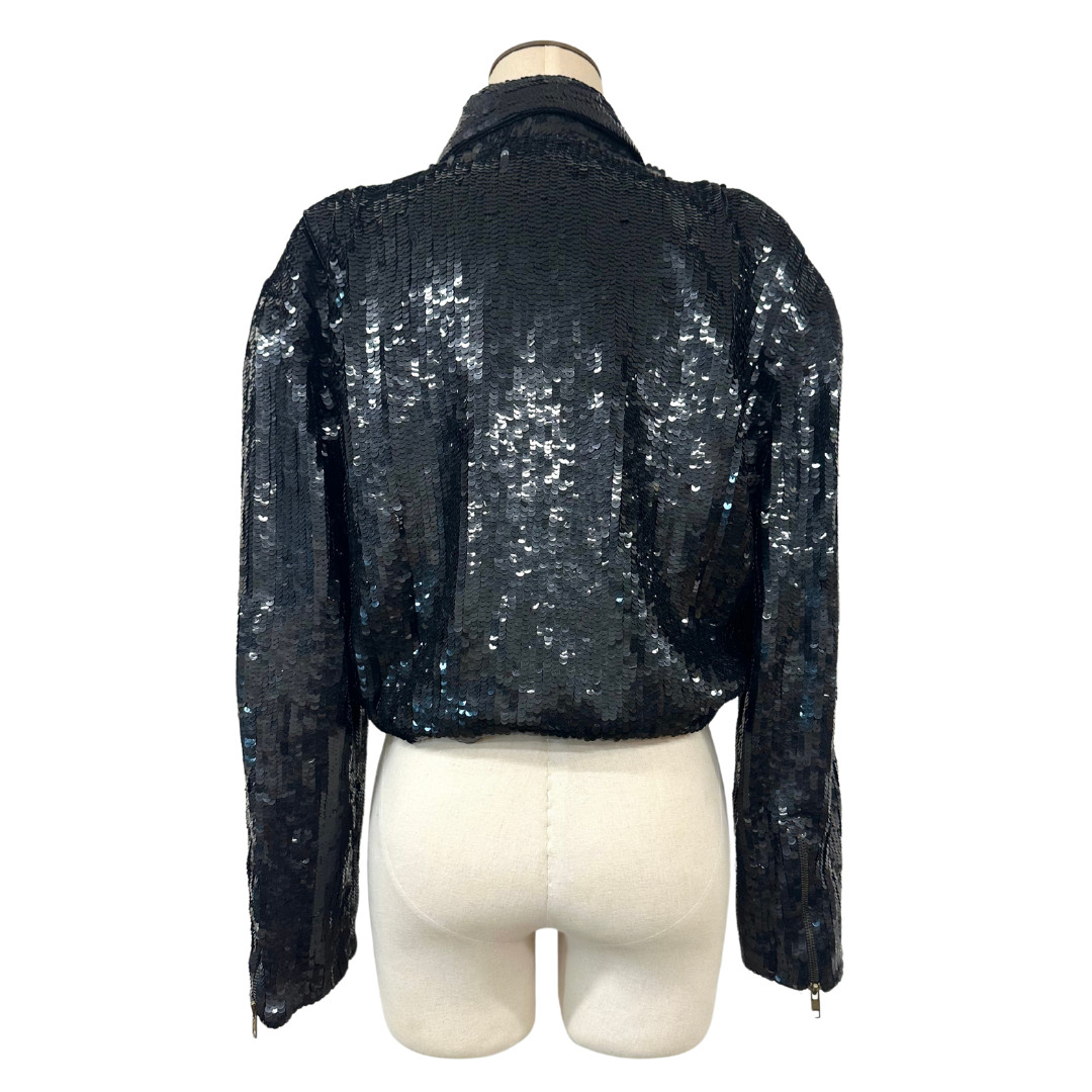 Vintage 1980s MODI Black Sequin Zip Up Rocker Biker Glam Moto Jacket