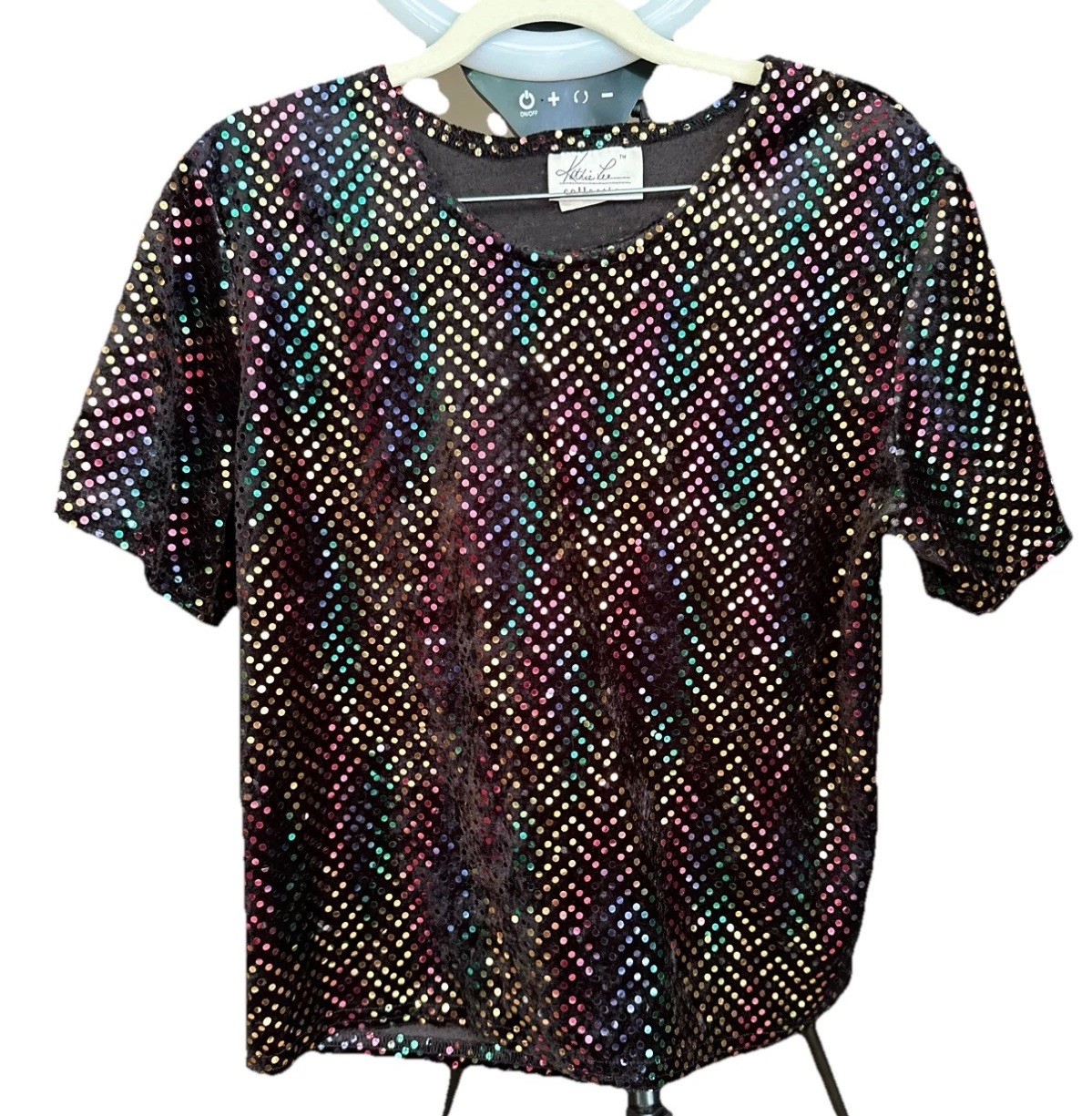 Vintage Rainbow Sparkly Sequin Black Velvet Top Med 90’s Party Rave Festival