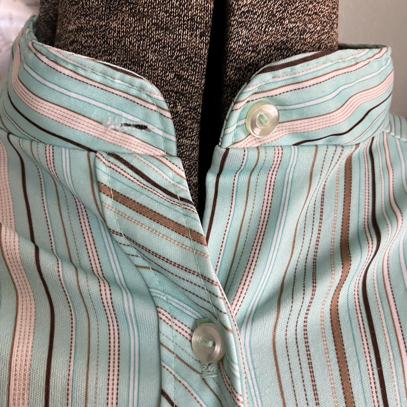 Vtg Shirt 70s Polyester Top Collar Spring Pastel Stripes Pink Aqua Brown M/L