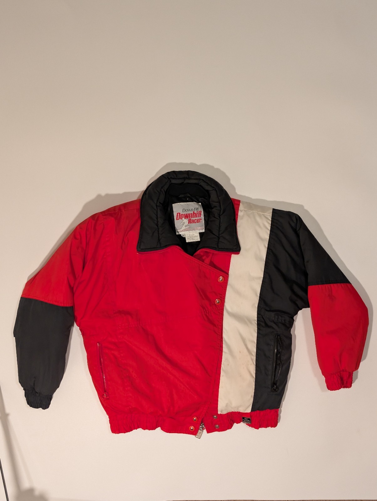 Vintage Down Fill Downhill Racer Ski Jacket Red White Blue Color Block Geometic