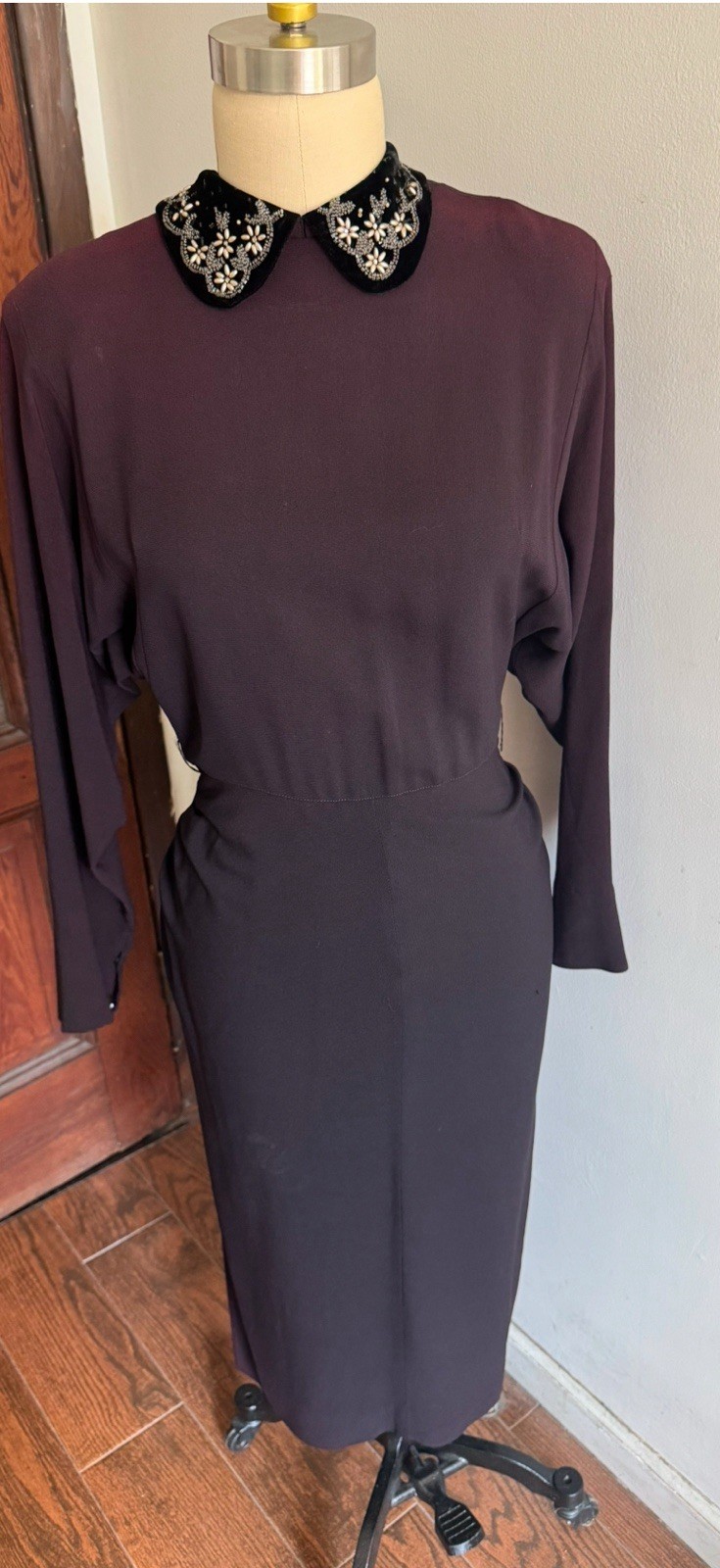 Vintage Dress Black/Purple Beaded Velvet Collar Button Zip Back SZ 10 Handmade?