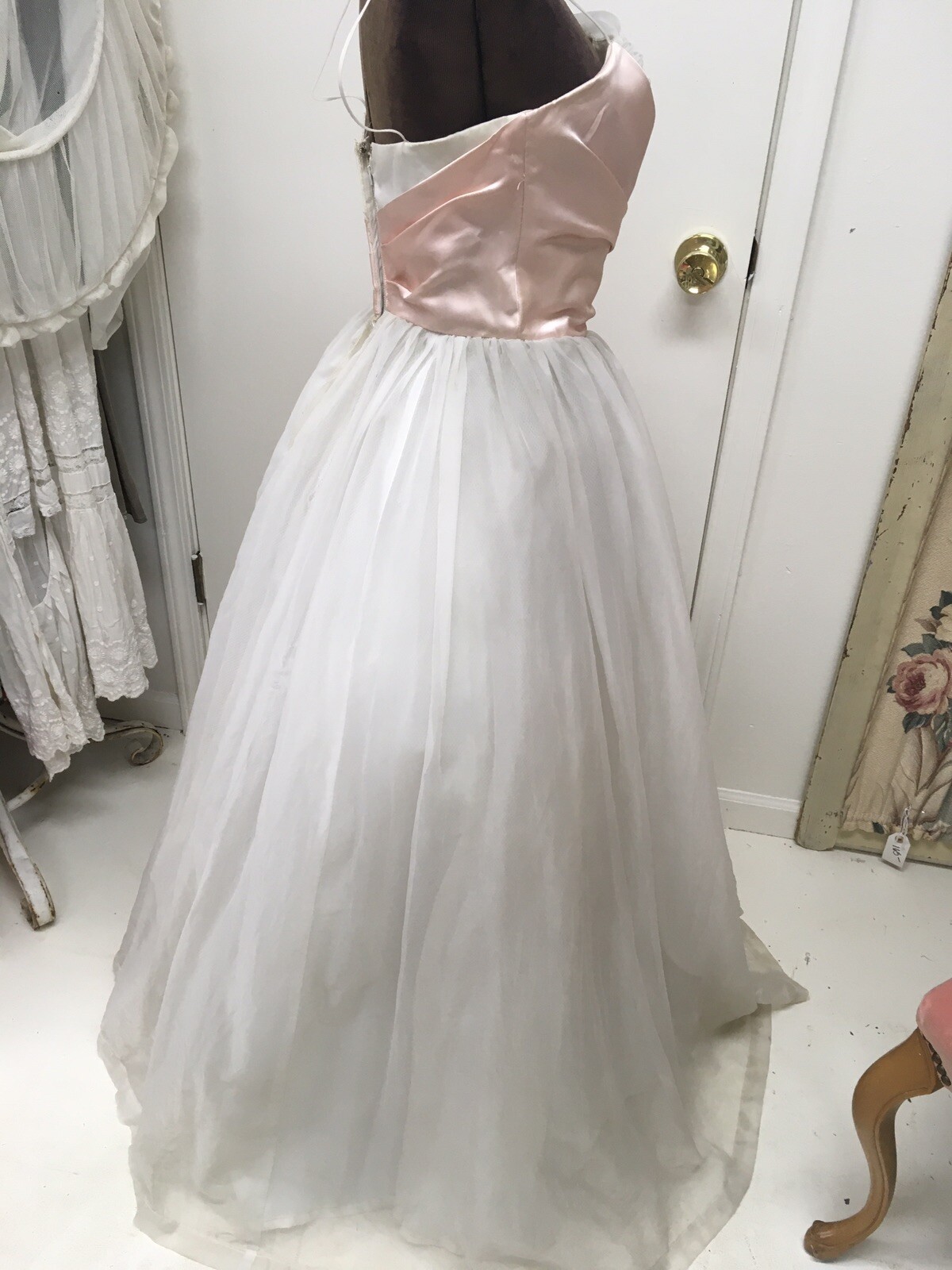 1950s Prom Dress White Tulle Fabric Pink Satin Ribbon Millinery Flowers #14