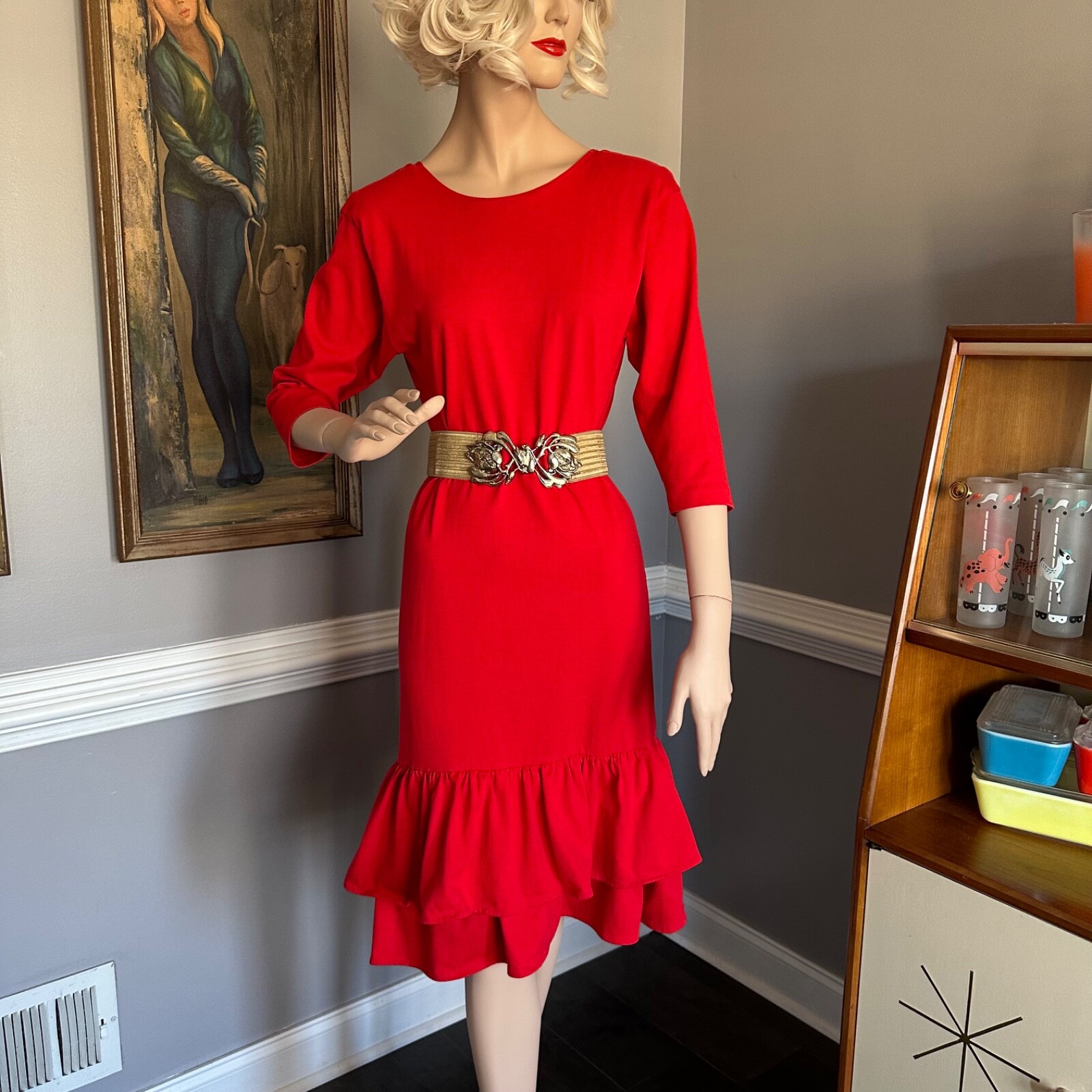 Vintage 80s New Wave Red Shirt Dress Red with flirty Double Ruffle Hem Size M