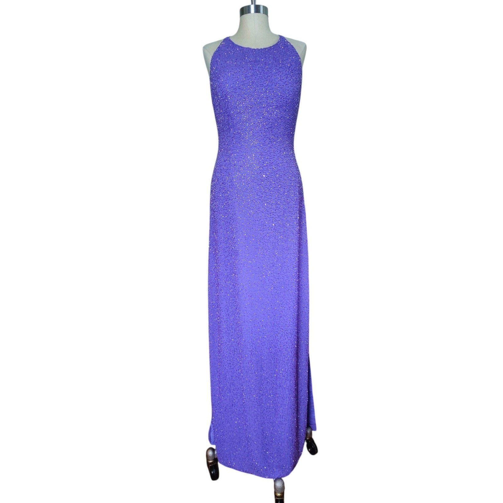 Vintage 90s Beaded Lavender Maxi Dress Open Back Prom Formal Cocktail Fairy 12