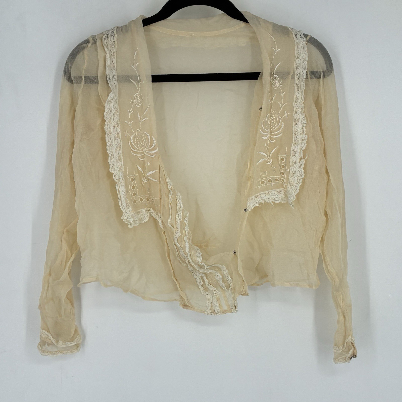 Antique Edwardian Sheer Silk Lace Trim Blouse Long Sleeve Button Shirt 1910s Tea