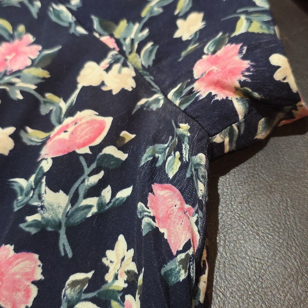 *Flawed* 80s Vintage Cottagecore Navy Pink Floral Rayon Maxi Dress ED Michaels